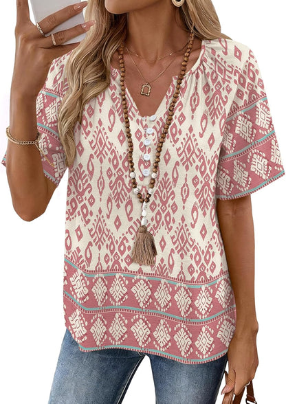 Rapbin Womens Summer Boho Tops Casual Short Sleeve Blouses Button Down Shirts 2026 Beach Vacation Clothes