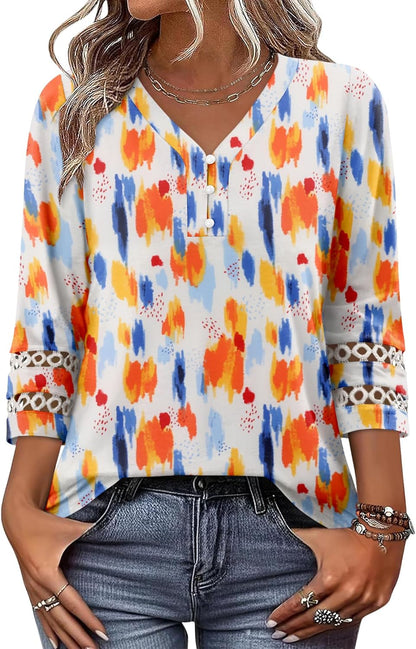 CRAZY GRID Womens 3/4 Sleeve Womens Tops V-Neck Lace Shirt Button Down Business Casual Blouses Fall Trendy Outfits 2026 S-XXL