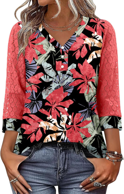 CRAZY GRID Womens 3/4 Sleeve Womens Tops V-Neck Lace Shirt Button Down Business Casual Blouses Fall Trendy Outfits 2026 S-XXL