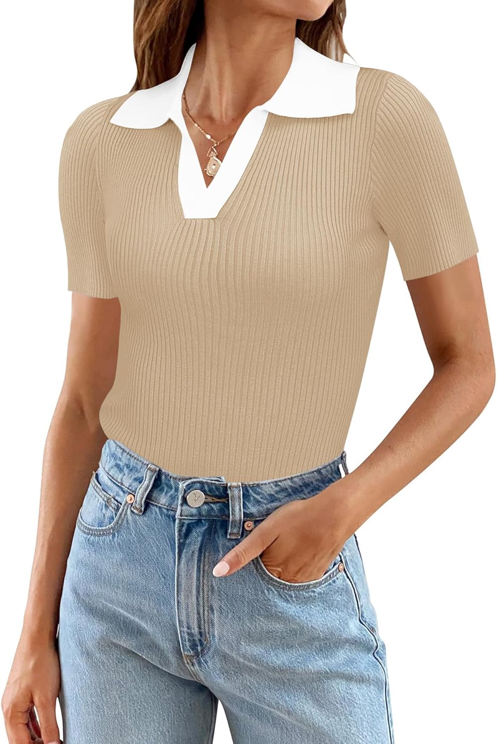 Ivicoer Womens V Neck Sweaters Dressy Casual Short Sleeve Sweater Slim Fit Lightweight Knit Tops