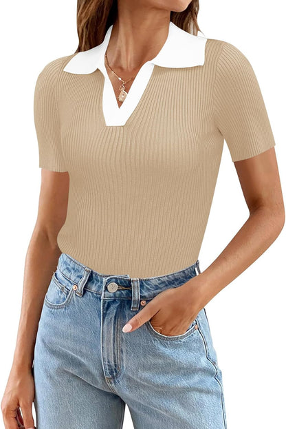 Ivicoer Womens V Neck Sweaters Dressy Casual Short Sleeve Sweater Slim Fit Lightweight Knit Tops