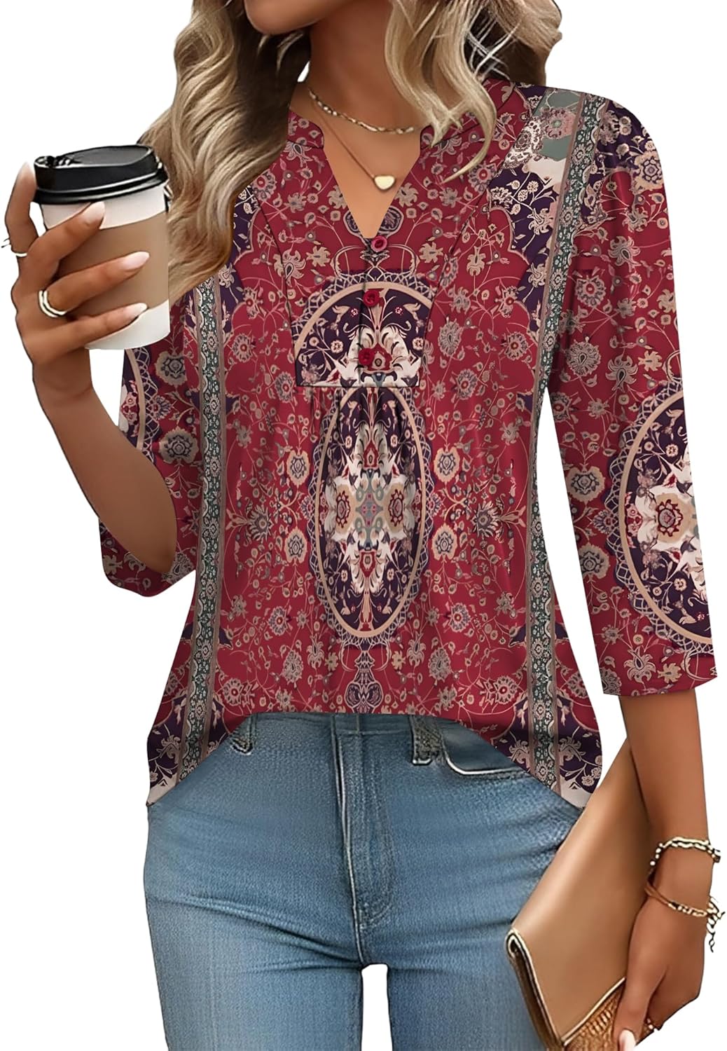 IECCP 3/4 Length Sleeve Womens Tops Dressy Casual Henley V-Neck Summer Tops Pleated T-Shirts Loose Fit Work Blouses
