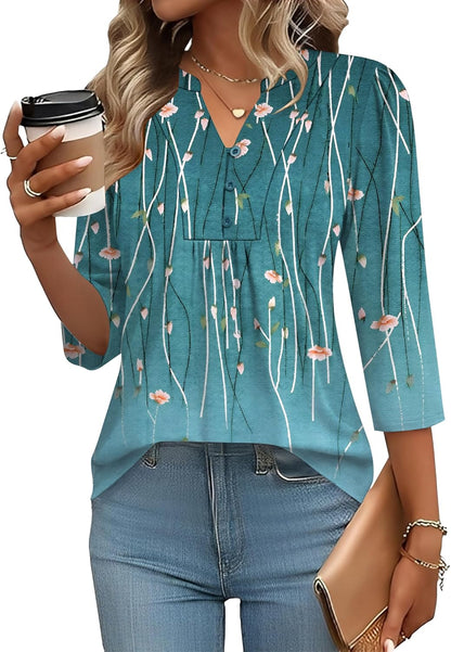 IECCP 3/4 Length Sleeve Womens Tops Dressy Casual Henley V-Neck Summer Tops Pleated T-Shirts Loose Fit Work Blouses