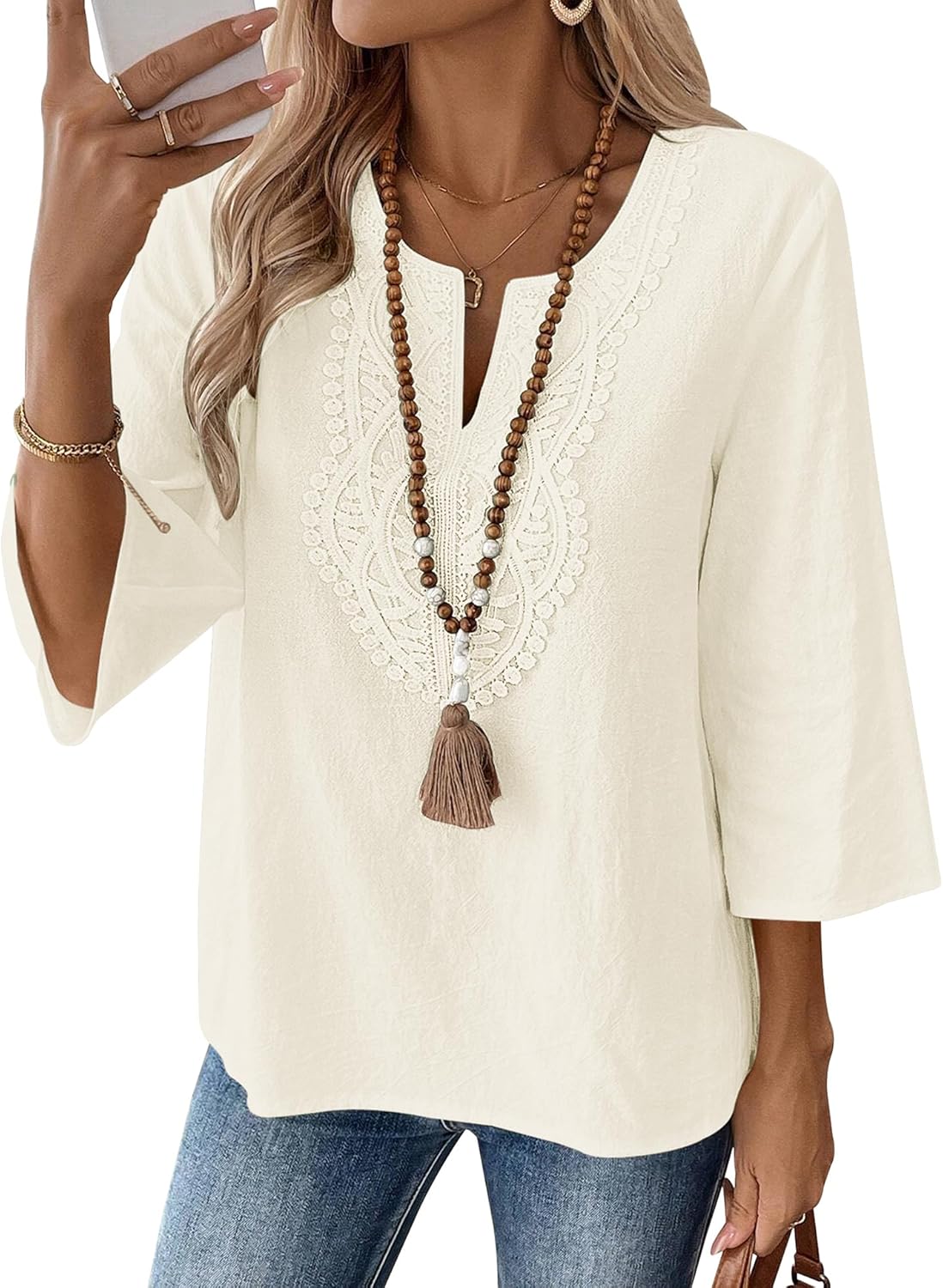 LOMON Womens 3/4 Sleeve Tops Cotton Linen Shirts V Neck Lace Casual Loose Fit Blouses Boho Fashion