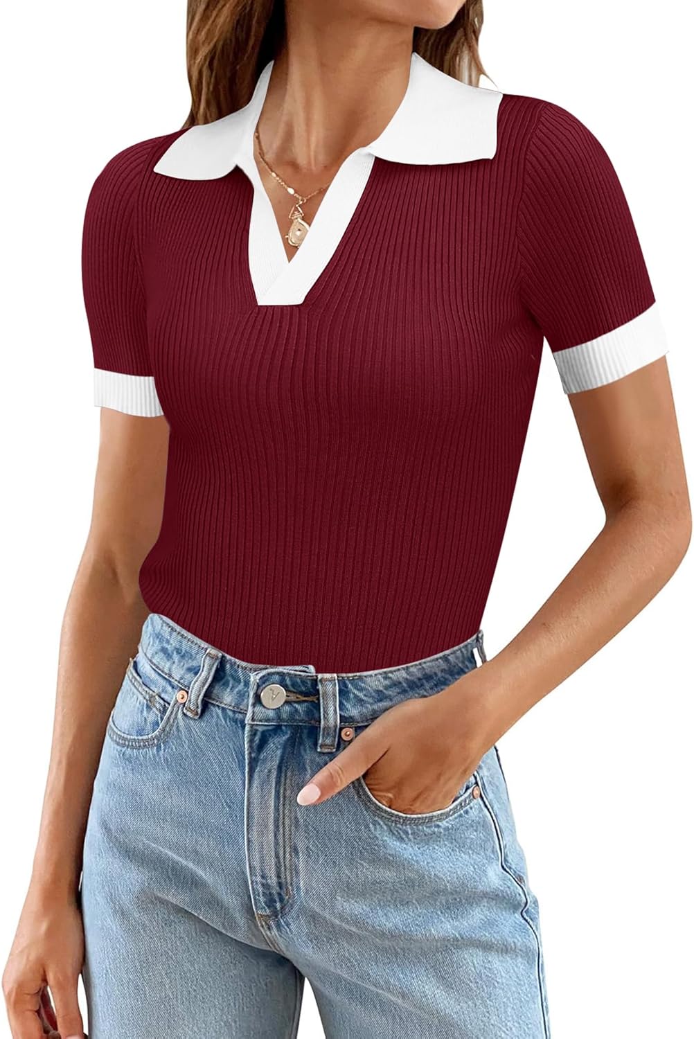 Ivicoer Womens V Neck Sweaters Dressy Casual Short Sleeve Sweater Slim Fit Lightweight Knit Tops