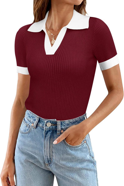 Ivicoer Womens V Neck Sweaters Dressy Casual Short Sleeve Sweater Slim Fit Lightweight Knit Tops