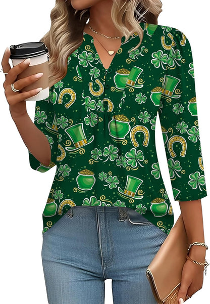 IECCP 3/4 Length Sleeve Womens Tops Dressy Casual Henley V-Neck Summer Tops Pleated T-Shirts Loose Fit Work Blouses