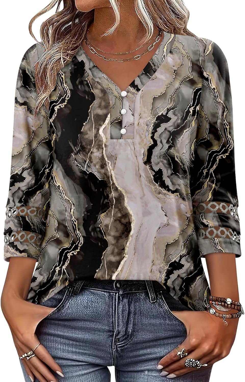 CRAZY GRID Womens 3/4 Sleeve Womens Tops V-Neck Lace Shirt Button Down Business Casual Blouses Fall Trendy Outfits 2026 S-XXL