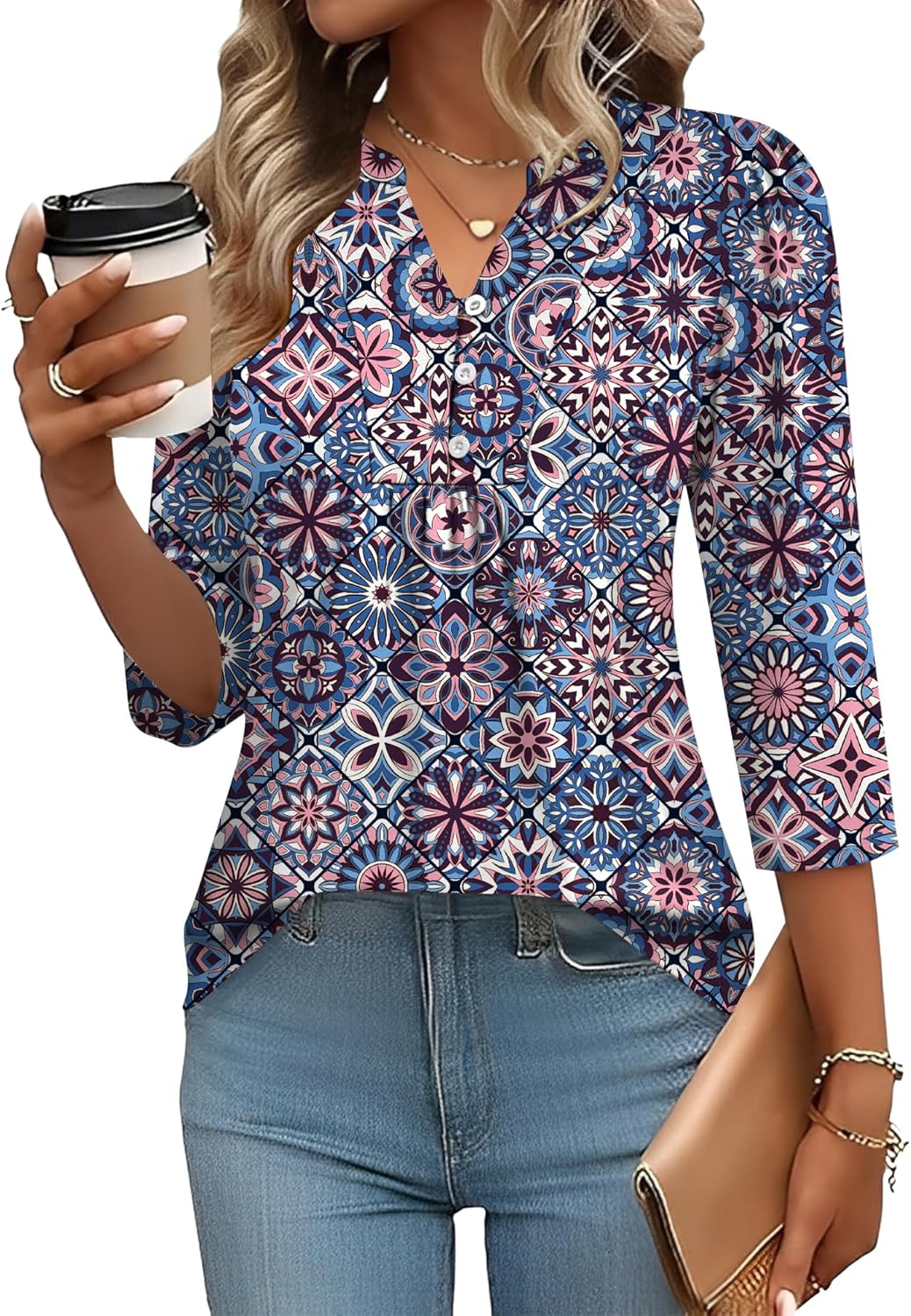 IECCP 3/4 Length Sleeve Womens Tops Dressy Casual Henley V-Neck Summer Tops Pleated T-Shirts Loose Fit Work Blouses