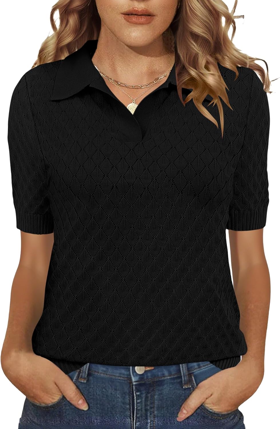 Rapbin Womens Short Sleeve Knit Polo Shirt Summer Spring Lightweight Sweater Top Business Casual