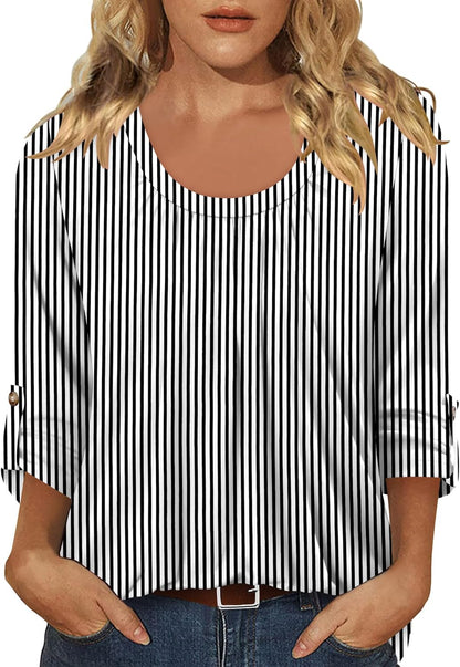 CRAZY GRID 3/4 Length Sleeve Women Tops Crewneck Pleated Cute Blouses Dressy Casual Summer T Shirts Loose Fit