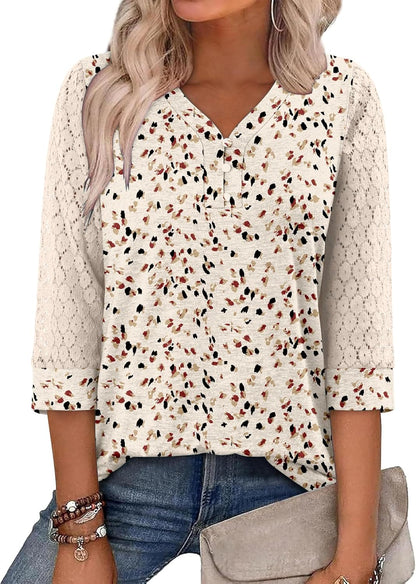 CRAZY GRID Womens 3/4 Sleeve Womens Tops V-Neck Lace Shirt Button Down Business Casual Blouses Fall Trendy Outfits 2026 S-XXL