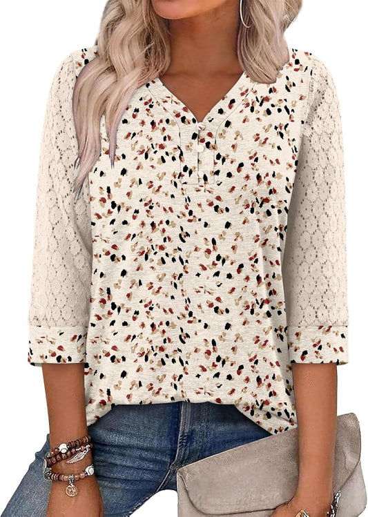 CRAZY GRID Womens 3/4 Sleeve Womens Tops V-Neck Lace Shirt Button Down Business Casual Blouses Fall Trendy Outfits 2026 S-XXL