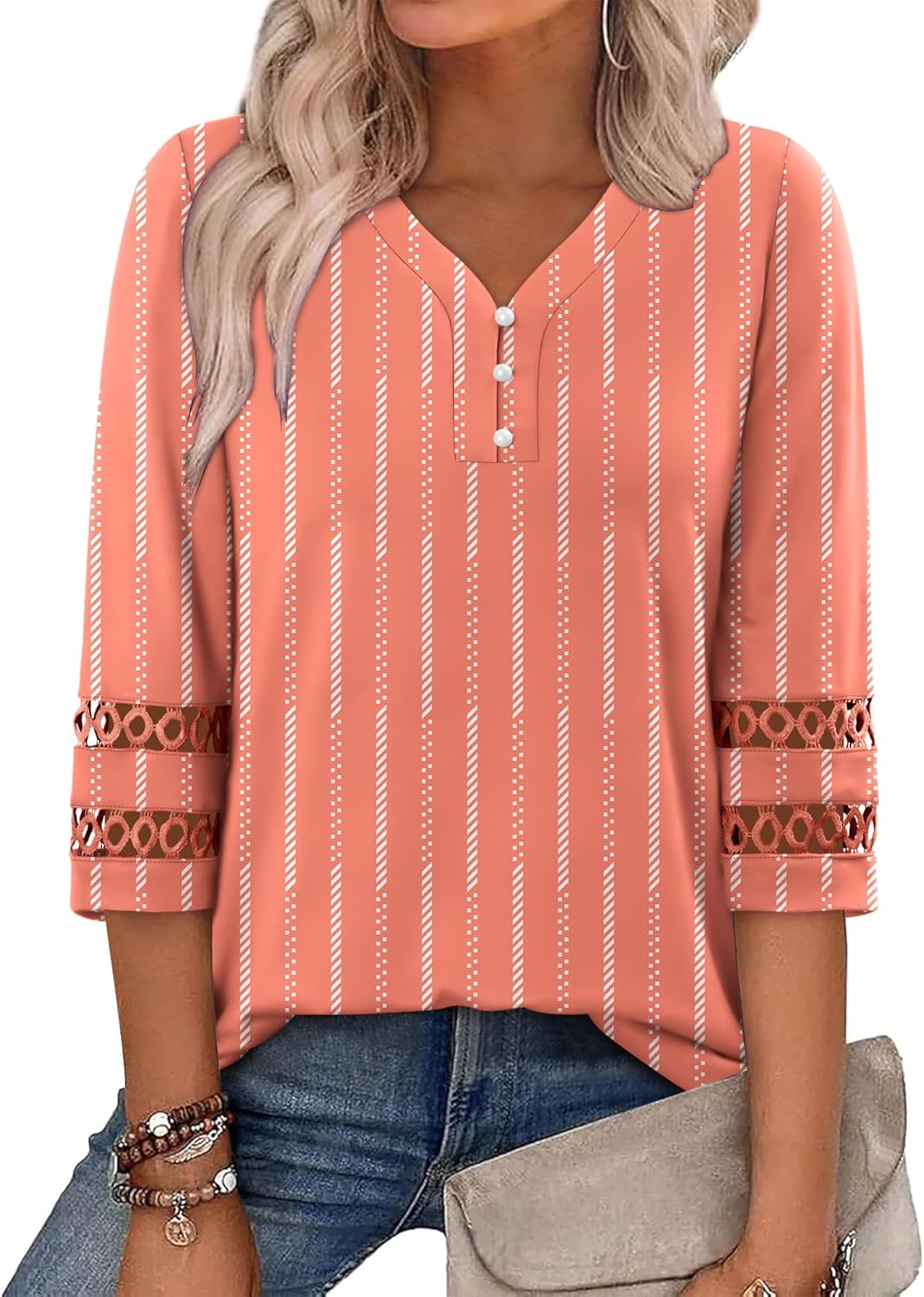CRAZY GRID Womens 3/4 Sleeve Womens Tops V-Neck Lace Shirt Button Down Business Casual Blouses Fall Trendy Outfits 2026 S-XXL