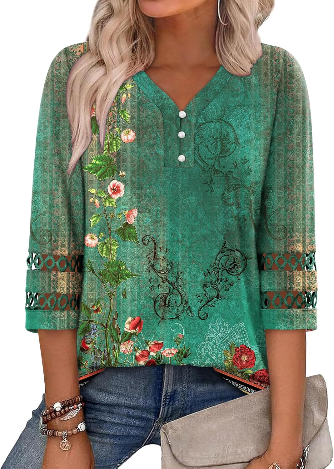 CRAZY GRID Womens 3/4 Sleeve Womens Tops V-Neck Lace Shirt Button Down Business Casual Blouses Fall Trendy Outfits 2026 S-XXL