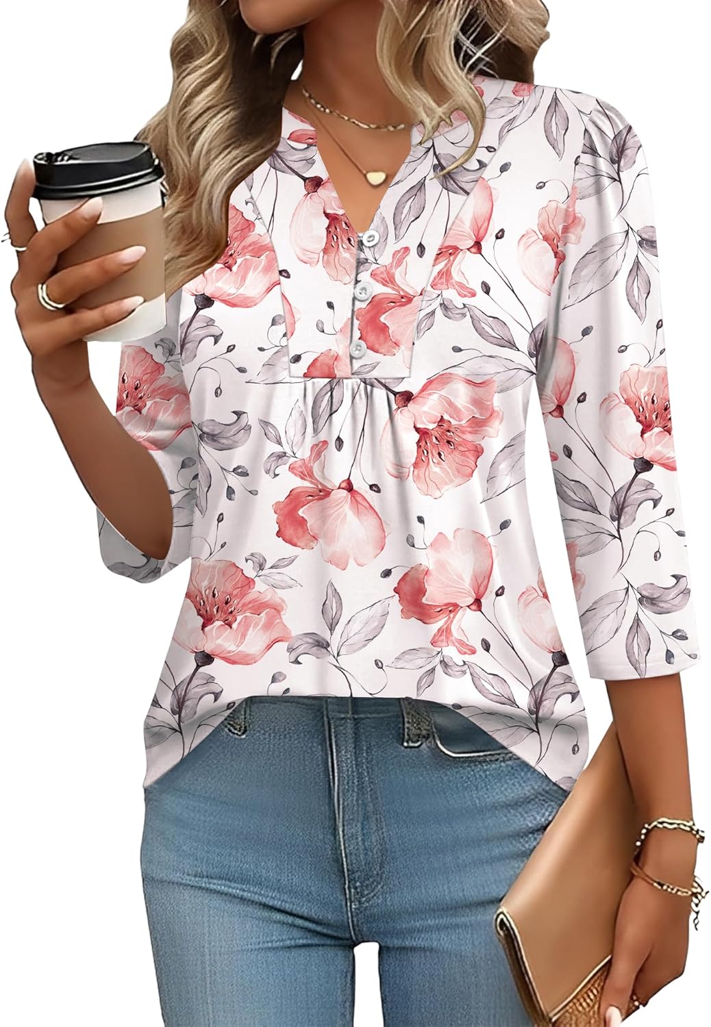 IECCP 3/4 Length Sleeve Womens Tops Dressy Casual Henley V-Neck Summer Tops Pleated T-Shirts Loose Fit Work Blouses
