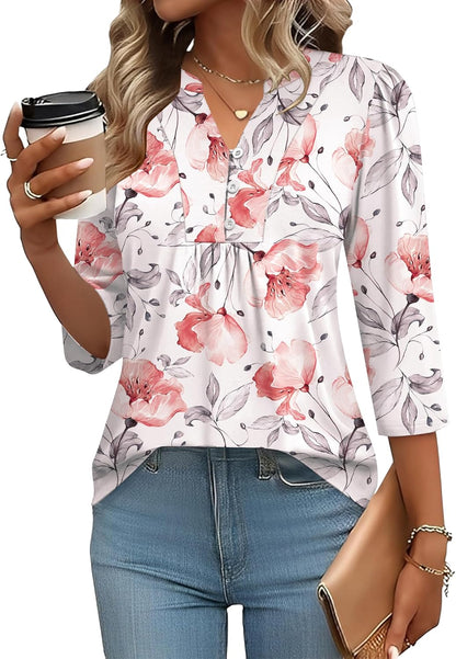IECCP 3/4 Length Sleeve Womens Tops Dressy Casual Henley V-Neck Summer Tops Pleated T-Shirts Loose Fit Work Blouses