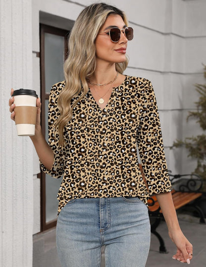 LOMON Three Quarter Sleeve Tops Woman Spring Basic Vneck Shirts Business Casual Outfits Leopard Print Tops for Women XL