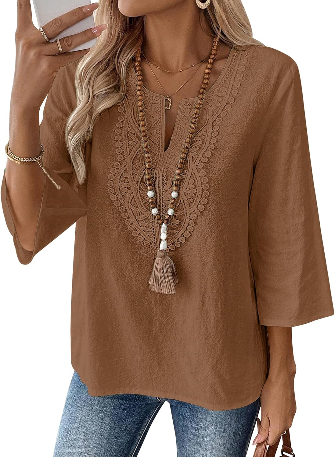 LOMON Womens 3/4 Sleeve Tops Cotton Linen Shirts V Neck Lace Casual Loose Fit Blouses Boho Fashion