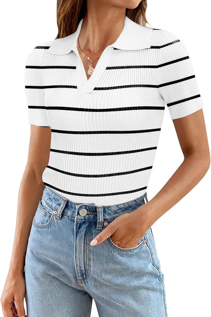 Ivicoer Womens V Neck Sweaters Dressy Casual Short Sleeve Sweater Slim Fit Lightweight Knit Tops