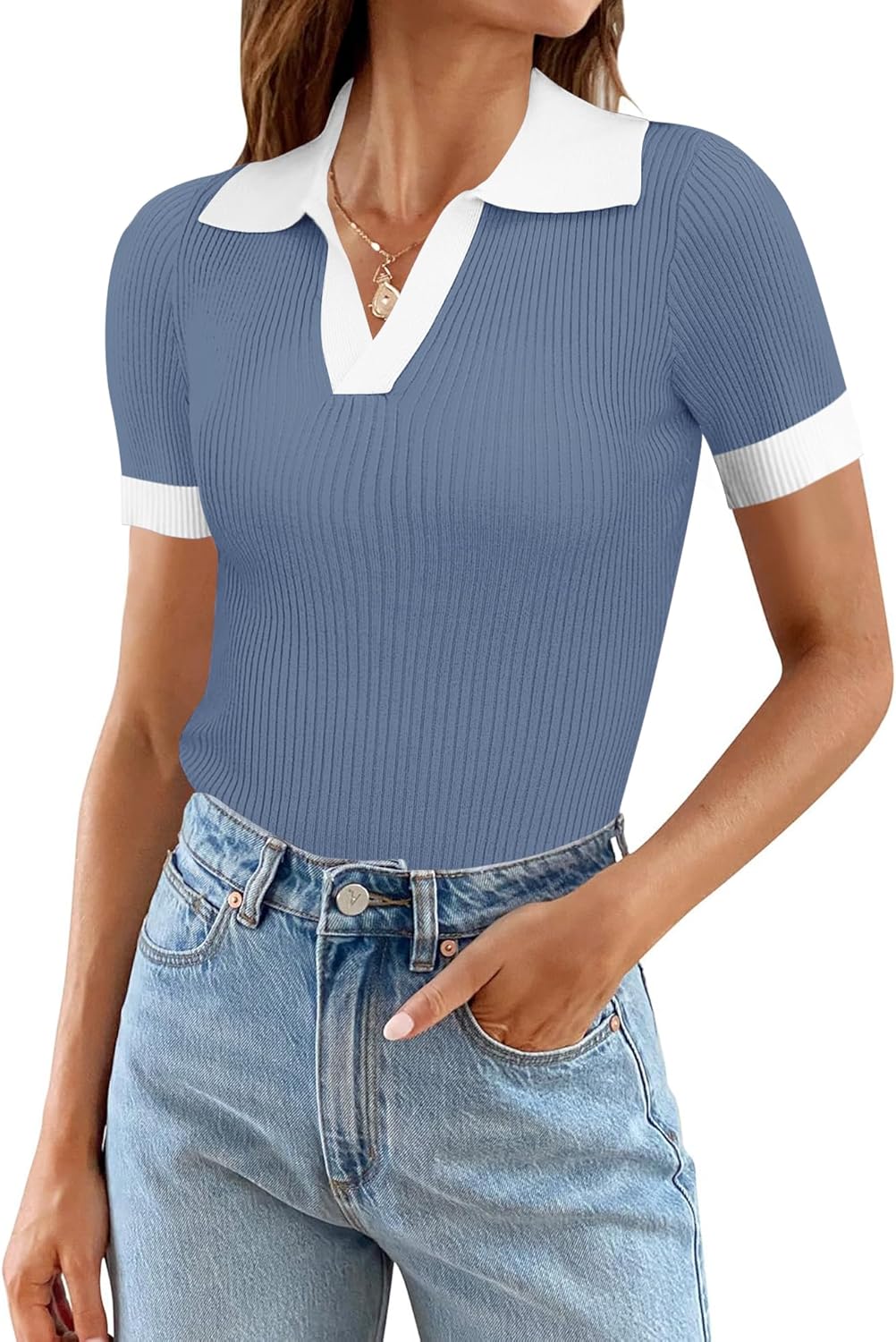 Ivicoer Womens V Neck Sweaters Dressy Casual Short Sleeve Sweater Slim Fit Lightweight Knit Tops