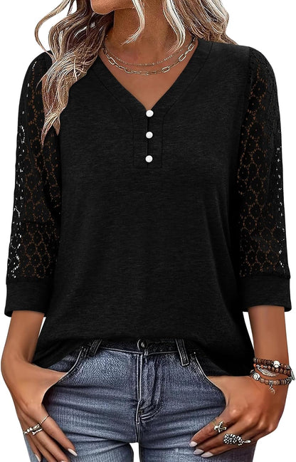 CRAZY GRID Womens 3/4 Sleeve Womens Tops V-Neck Lace Shirt Button Down Business Casual Blouses Fall Trendy Outfits 2026 S-XXL