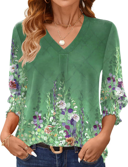 AKEWEI 3/4 Length Sleeve Womens Tops Summer Fashion V Neck Business Casual Blouses Smocked Shirts