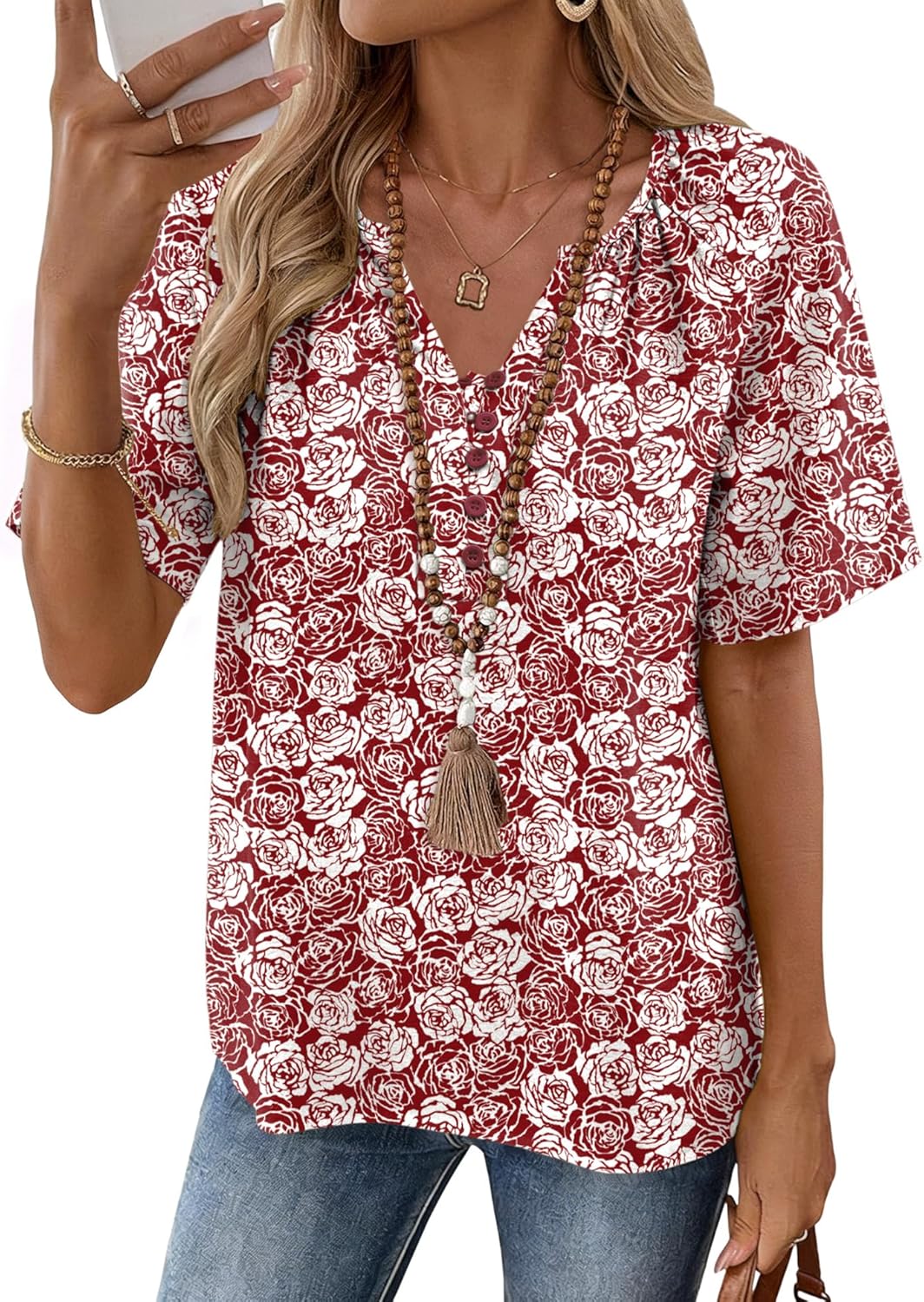 Rapbin Womens Summer Boho Tops Casual Short Sleeve Blouses Button Down Shirts 2026 Beach Vacation Clothes