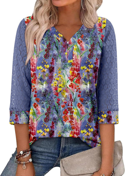 CRAZY GRID Womens 3/4 Sleeve Womens Tops V-Neck Lace Shirt Button Down Business Casual Blouses Fall Trendy Outfits 2026 S-XXL