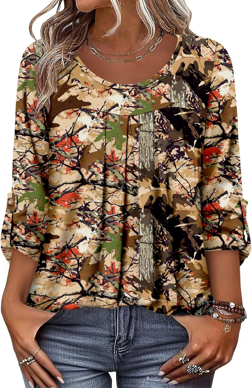 CRAZY GRID 3/4 Length Sleeve Women Tops Crewneck Pleated Cute Blouses Dressy Casual Summer T Shirts Loose Fit