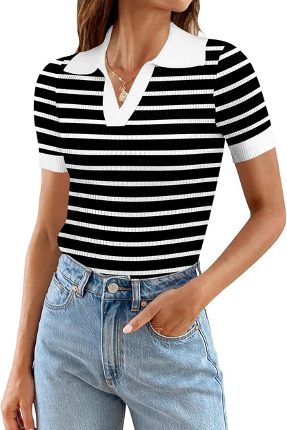Ivicoer Womens V Neck Sweaters Dressy Casual Short Sleeve Sweater Slim Fit Lightweight Knit Tops