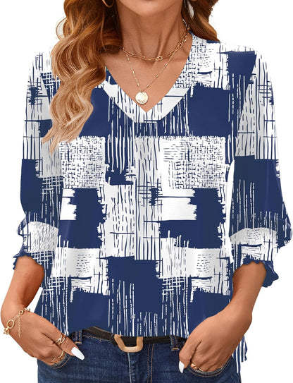 AKEWEI 3/4 Length Sleeve Womens Tops Summer Fashion V Neck Business Casual Blouses Smocked Shirts