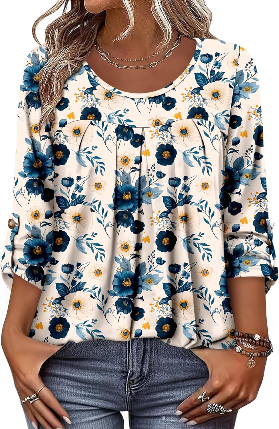 CRAZY GRID 3/4 Length Sleeve Women Tops Crewneck Pleated Cute Blouses Dressy Casual Summer T Shirts Loose Fit