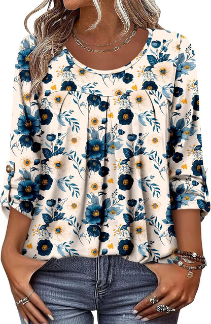 CRAZY GRID 3/4 Length Sleeve Women Tops Crewneck Pleated Cute Blouses Dressy Casual Summer T Shirts Loose Fit