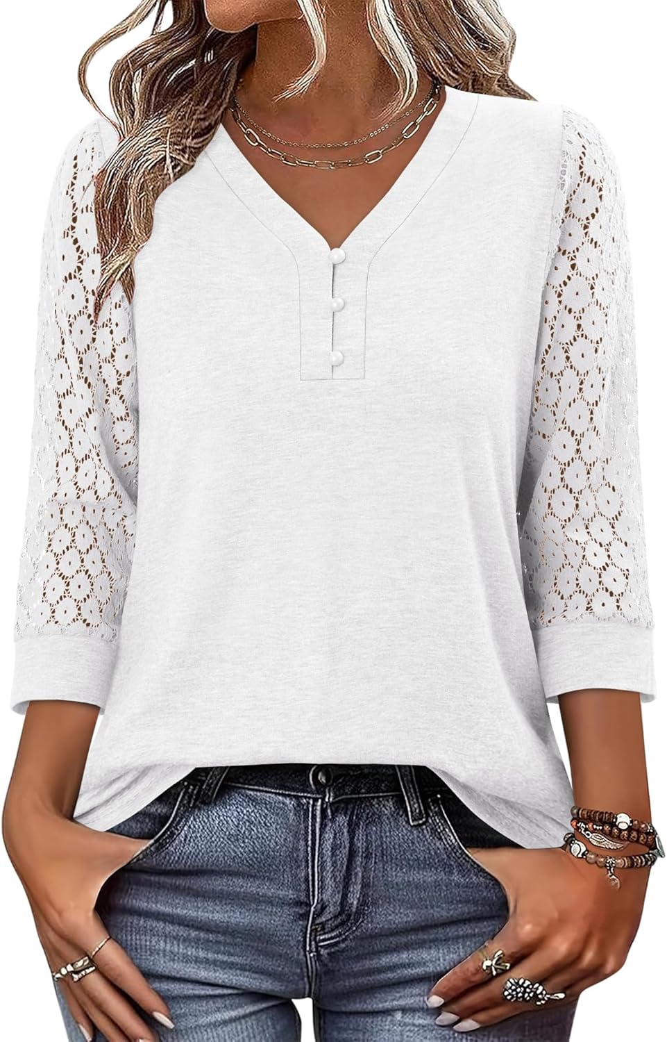CRAZY GRID Womens 3/4 Sleeve Womens Tops V-Neck Lace Shirt Button Down Business Casual Blouses Fall Trendy Outfits 2026 S-XXL