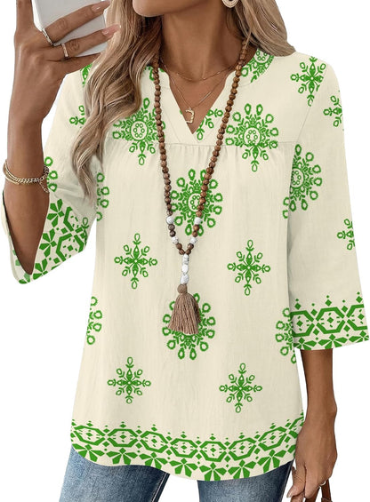Rapbin Womens 3/4 Sleeve V Neck Boho Pleated Blouses for Women Dressy Casual Loose Fit Tops