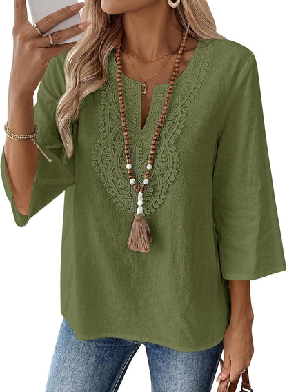 LOMON Womens 3/4 Sleeve Tops Cotton Linen Shirts V Neck Lace Casual Loose Fit Blouses Boho Fashion