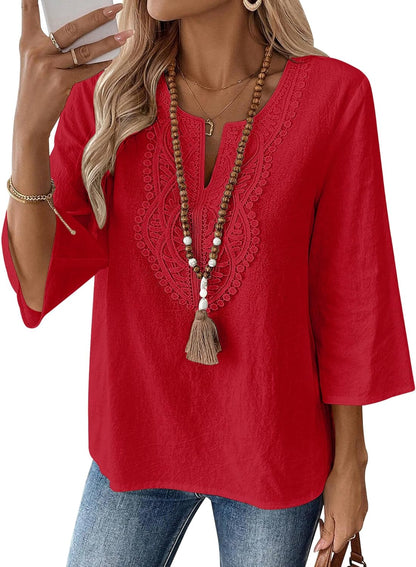 LOMON Womens 3/4 Sleeve Tops Cotton Linen Shirts V Neck Lace Casual Loose Fit Blouses Boho Fashion
