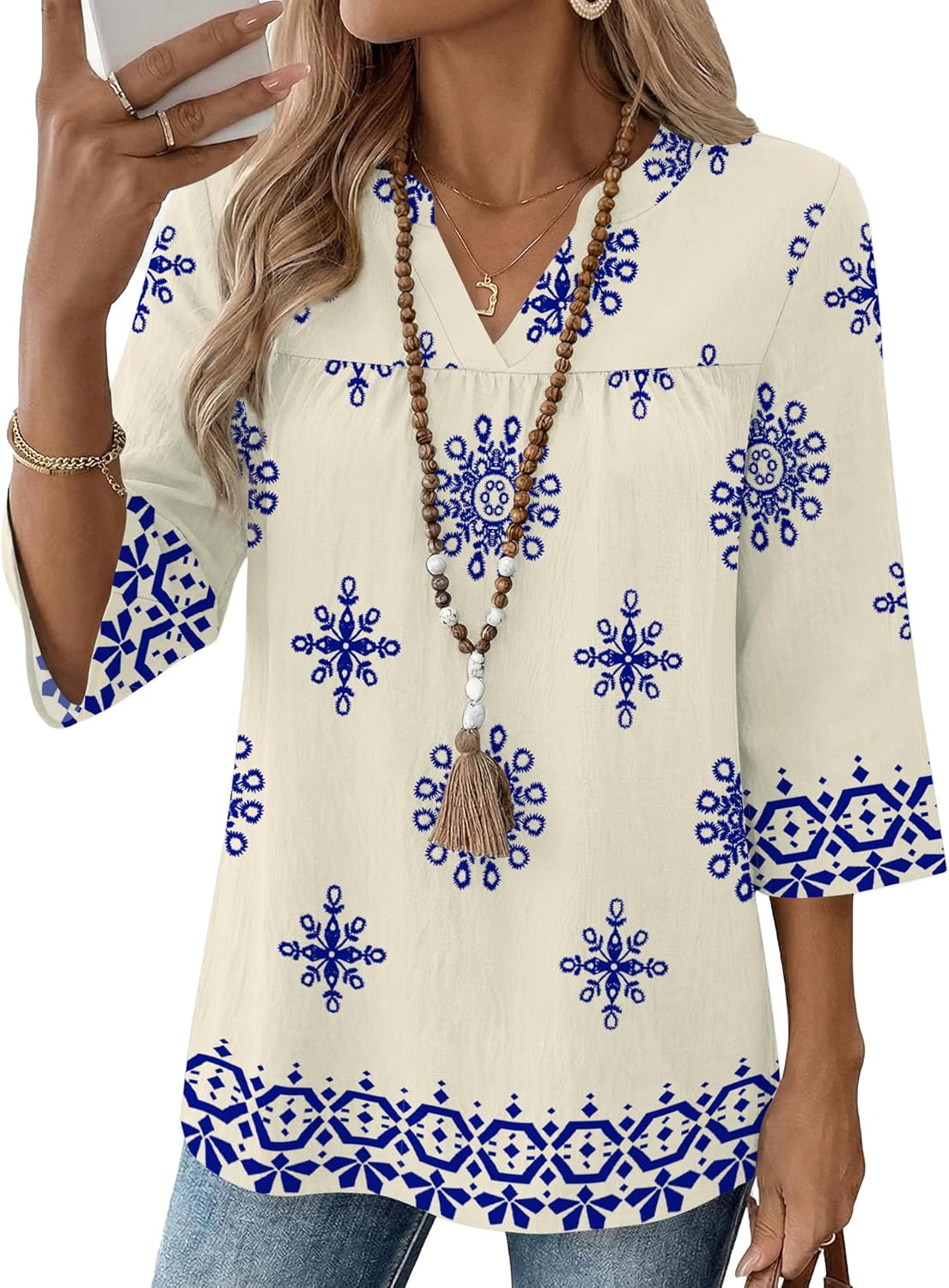 Rapbin Womens 3/4 Sleeve V Neck Boho Pleated Blouses for Women Dressy Casual Loose Fit Tops