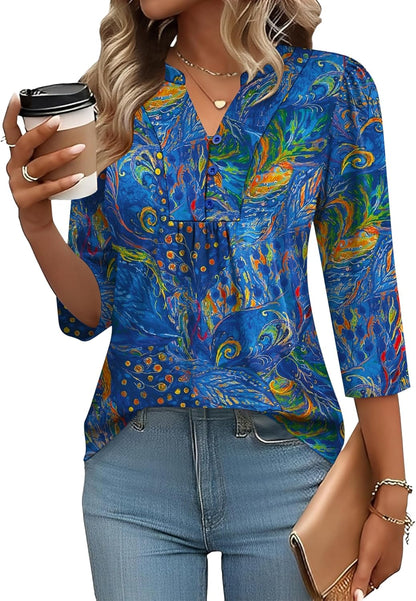 IECCP 3/4 Length Sleeve Womens Tops Dressy Casual Henley V-Neck Summer Tops Pleated T-Shirts Loose Fit Work Blouses