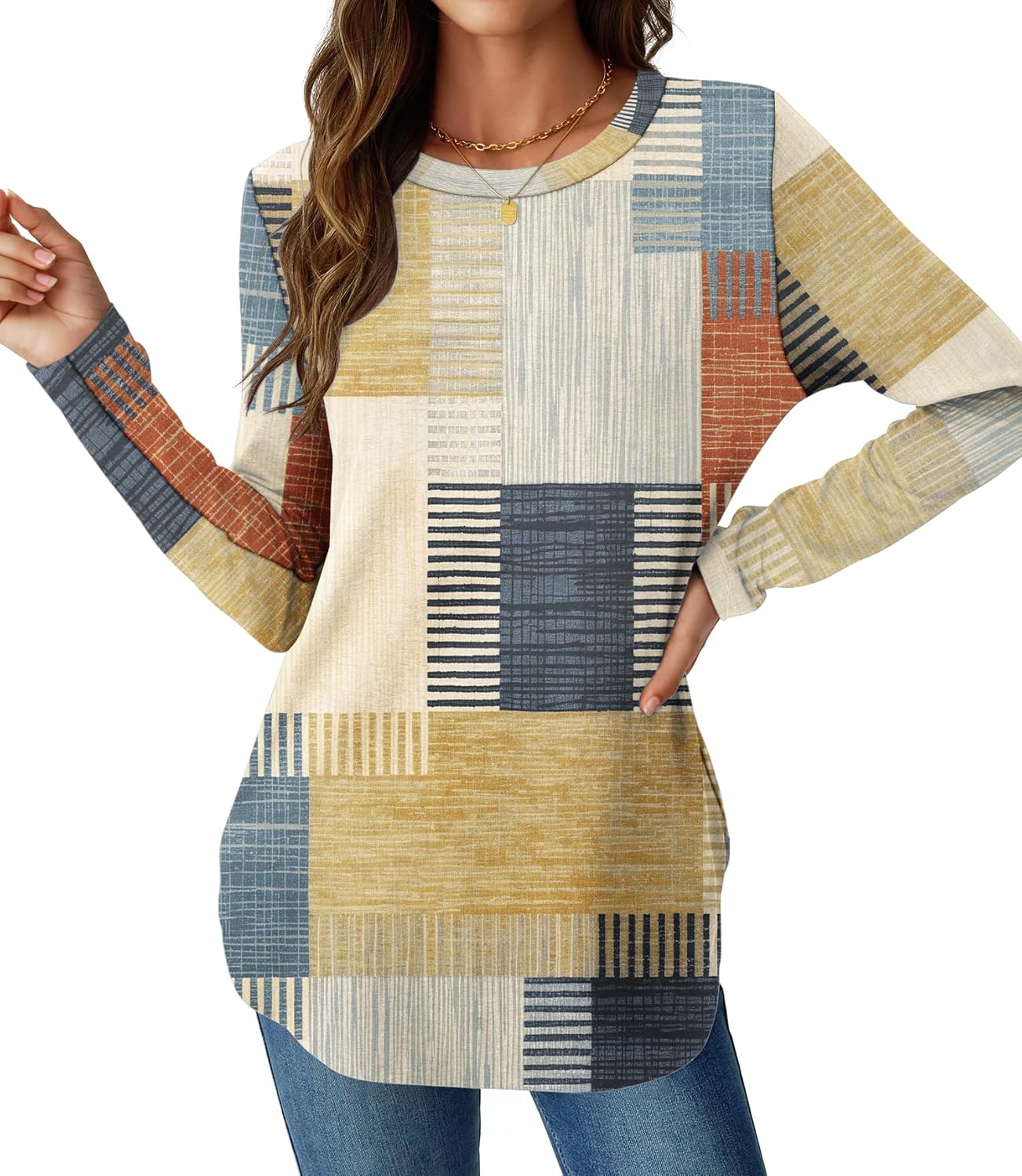NORACORA Women Long Sleeve Shirts Loose Tunic Crew Neck Lightweight Side Split Casual 2026 Spring Trendy Basic Tshirts Blouse