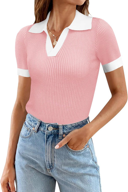 Ivicoer Womens V Neck Sweaters Dressy Casual Short Sleeve Sweater Slim Fit Lightweight Knit Tops