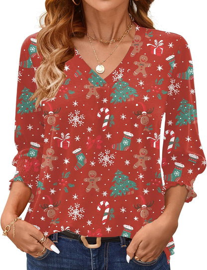AKEWEI 3/4 Length Sleeve Womens Tops Summer Fashion V Neck Business Casual Blouses Smocked Shirts