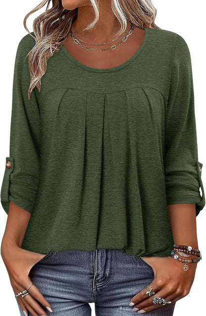 CRAZY GRID 3/4 Length Sleeve Women Tops Crewneck Pleated Cute Blouses Dressy Casual Summer T Shirts Loose Fit