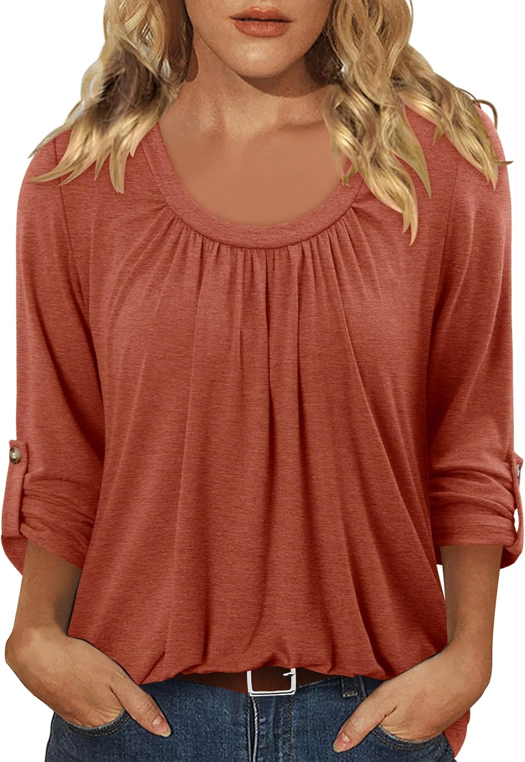 CRAZY GRID 3/4 Length Sleeve Women Tops Crewneck Pleated Cute Blouses Dressy Casual Summer T Shirts Loose Fit