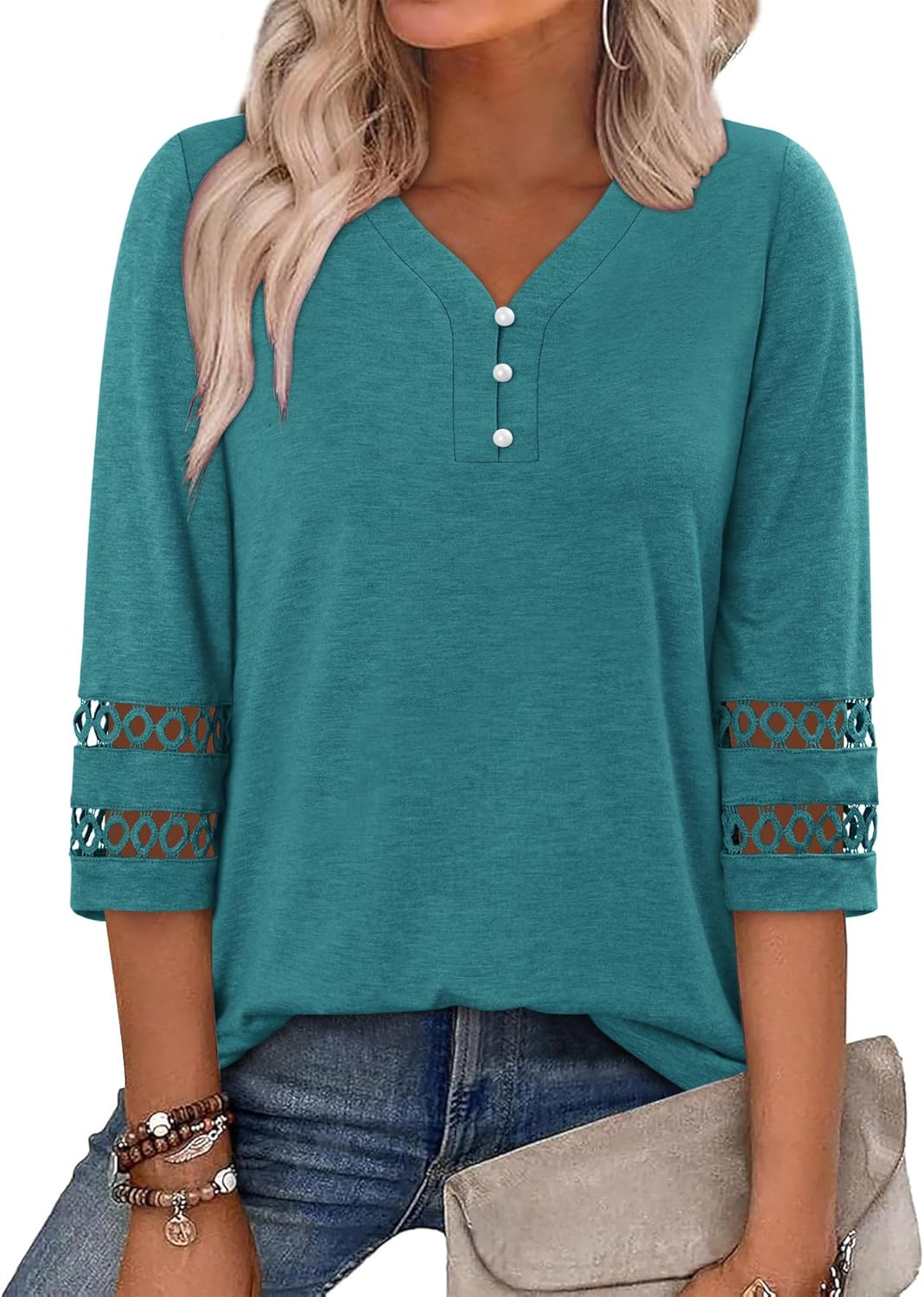 CRAZY GRID Womens 3/4 Sleeve Womens Tops V-Neck Lace Shirt Button Down Business Casual Blouses Fall Trendy Outfits 2026 S-XXL