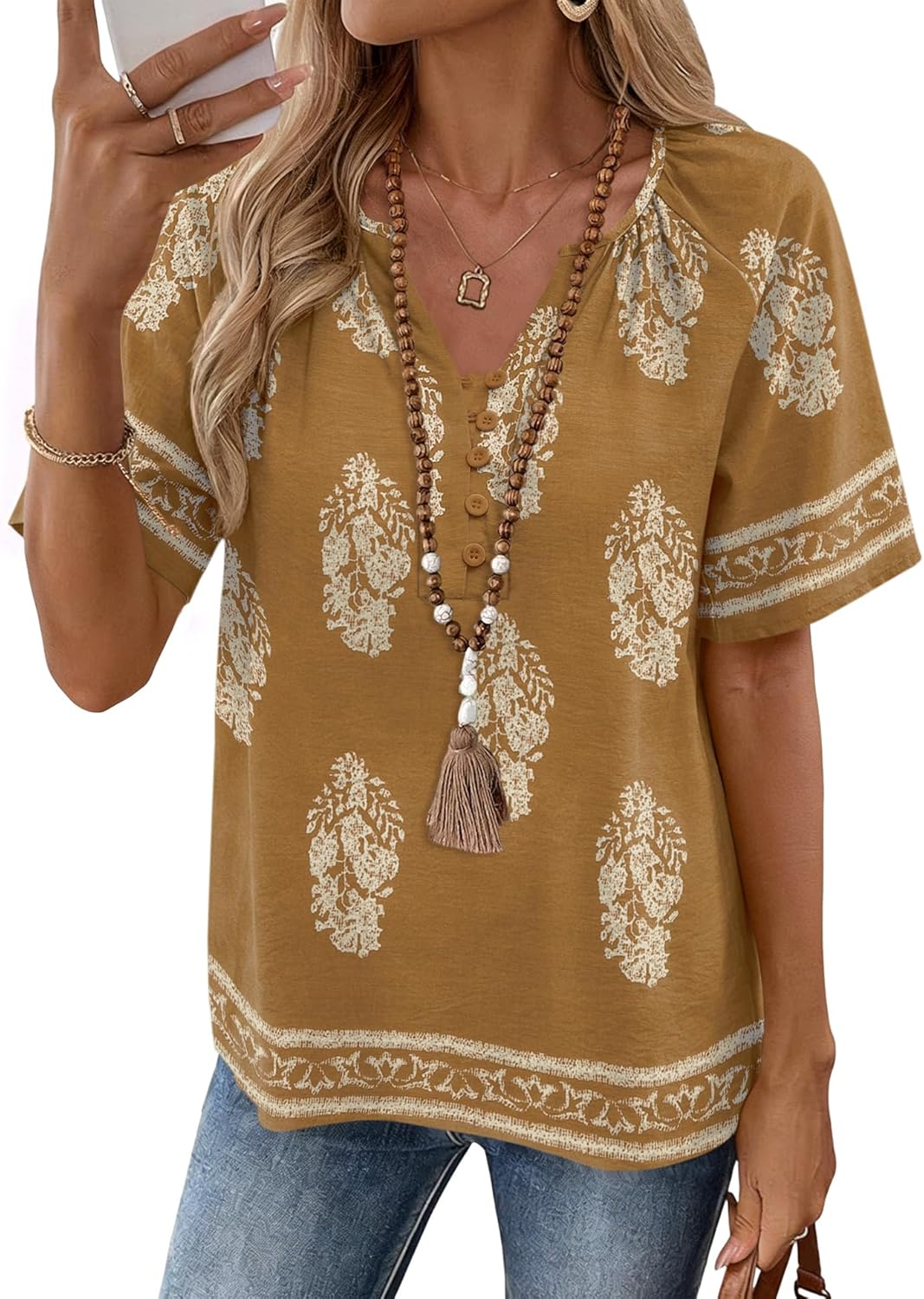 Rapbin Womens Summer Boho Tops Casual Short Sleeve Blouses Button Down Shirts 2026 Beach Vacation Clothes
