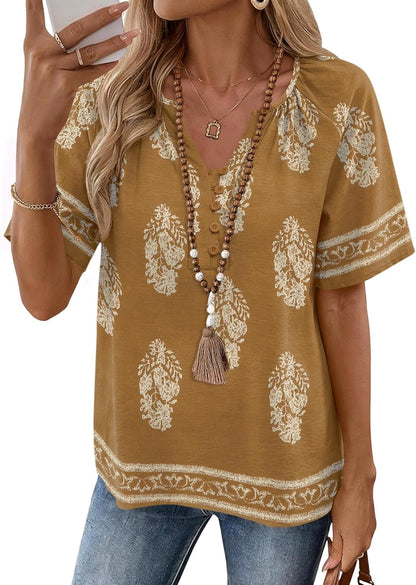 Rapbin Womens Summer Boho Tops Casual Short Sleeve Blouses Button Down Shirts 2026 Beach Vacation Clothes
