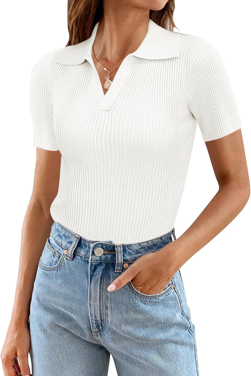 Ivicoer Womens V Neck Sweaters Dressy Casual Short Sleeve Sweater Slim Fit Lightweight Knit Tops
