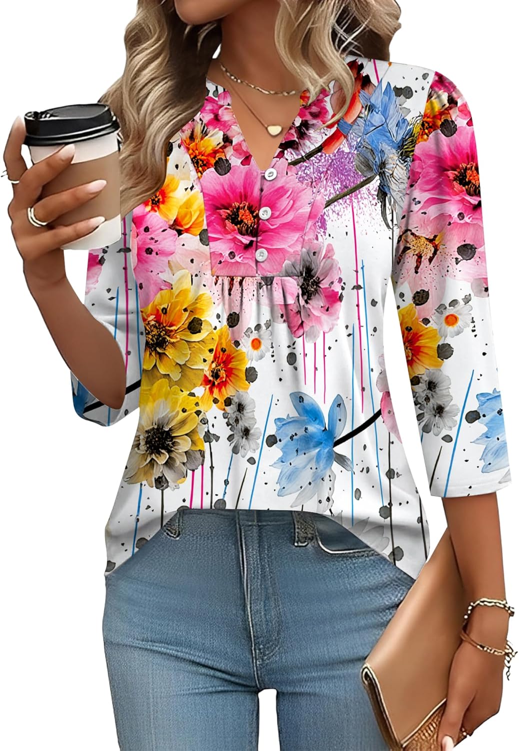IECCP 3/4 Length Sleeve Womens Tops Dressy Casual Henley V-Neck Summer Tops Pleated T-Shirts Loose Fit Work Blouses